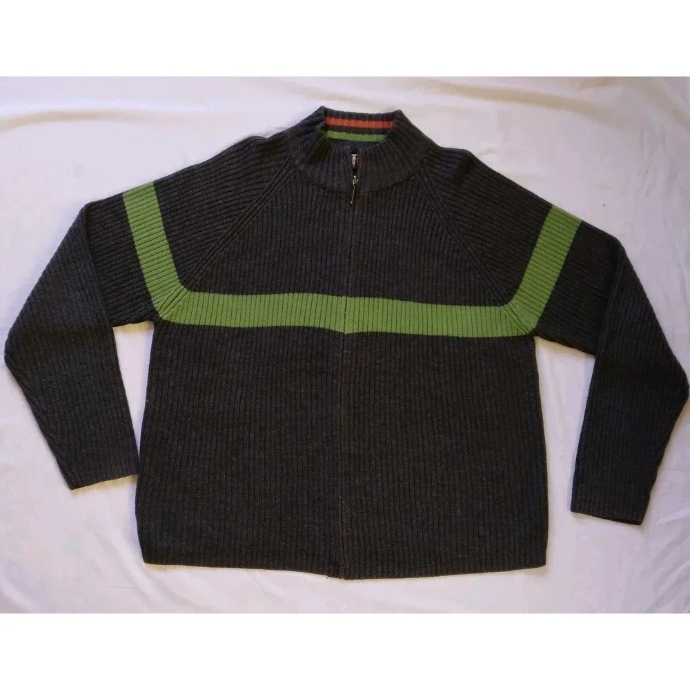 Arizona Jean Company Sweater Full Zip Gray Green Stripe Preppy Y2K Men's XL